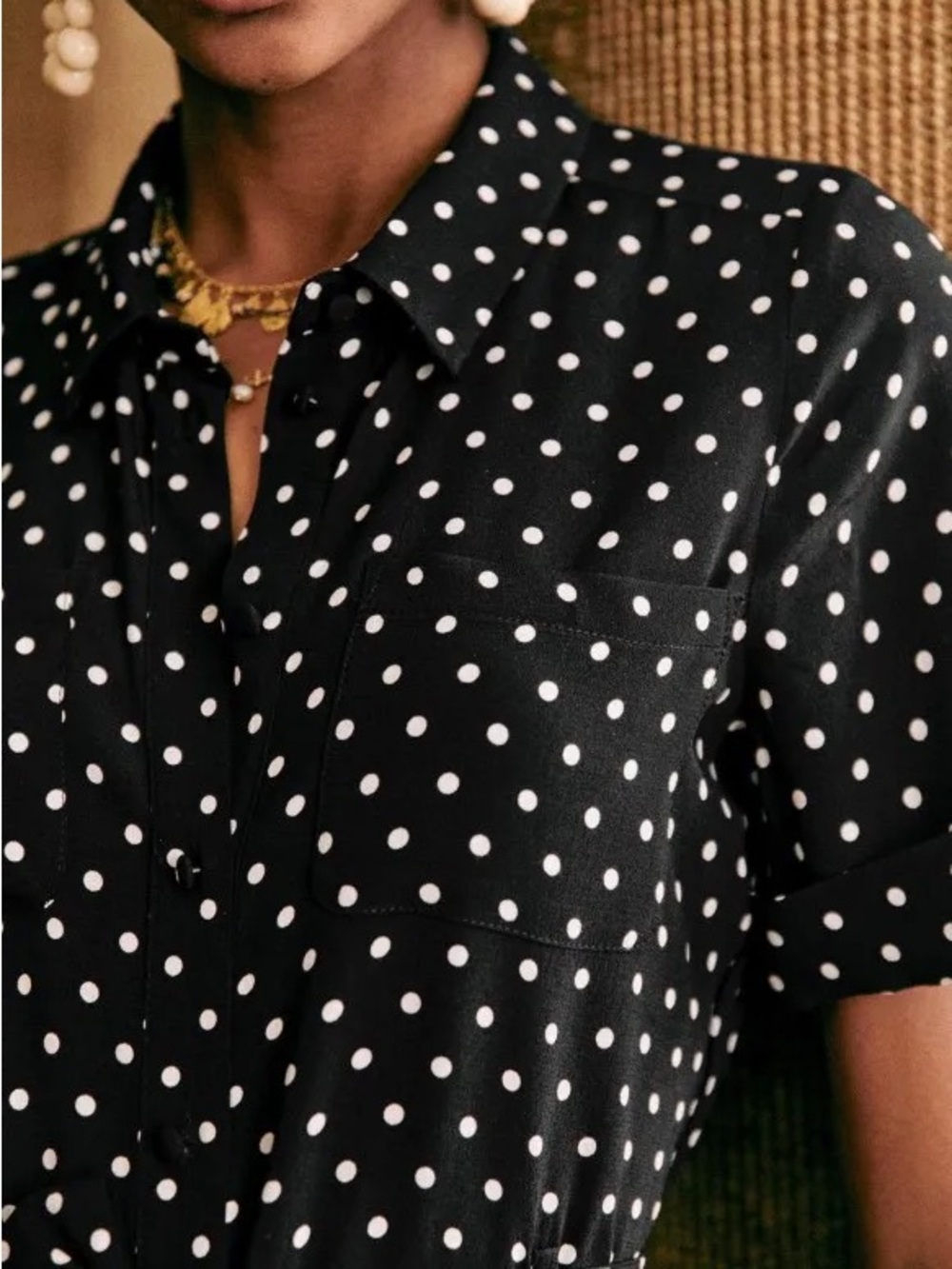 SEZANE Black & White Polka Dot Printed Belted Button Down Adele Shirt Dress - Picture 8 of 12